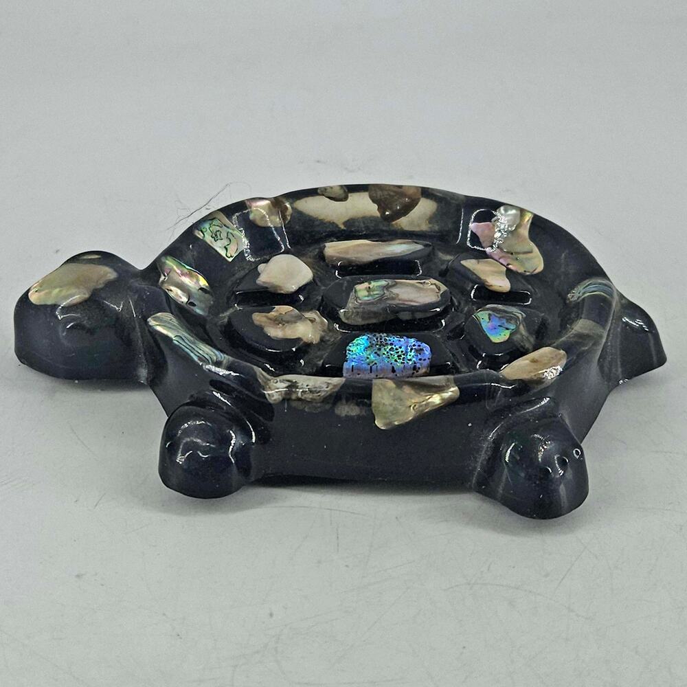 Vintage Mid Century Modern black lucite turtle abalone trinket soap dish